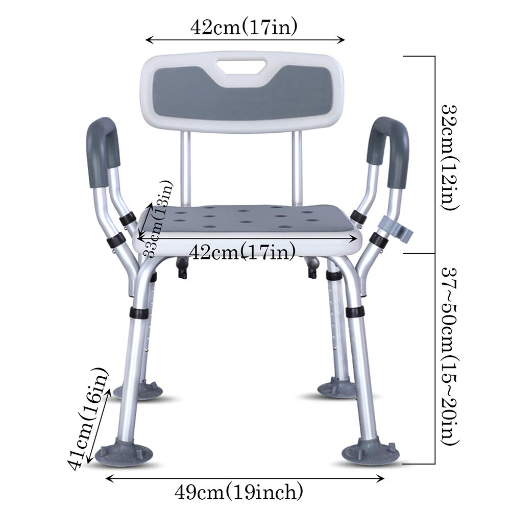 Médico Ensamblaje Sin Herramientas Silla de Ducha,Taburete de Baño de Regulable en Altura con Respaldo y Reposabrazos,para Ancianos y Discapacitados(Blanco/Aluminio)