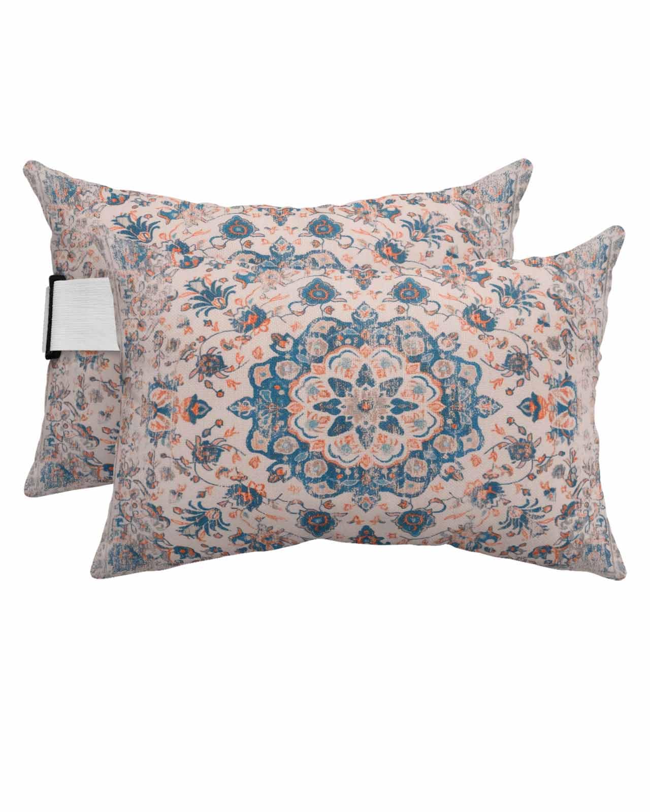 Boho MAndala Floral Outdoor Beach Pool Chaise Lounge Chair Head Throw Pillow Covers 12x20 With Insert And Elastic Stripe Set of 2,Lumbar Cushion Pillow Cases,Navy Blue Orange Ethnic Tribal Bohemian