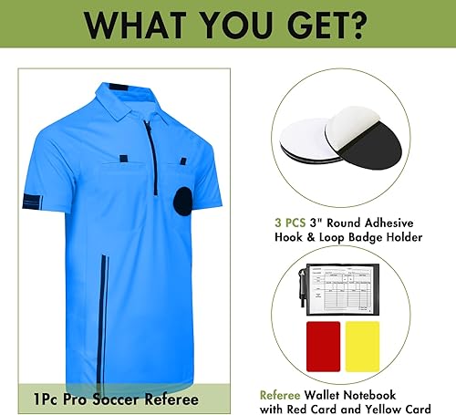 Miniatura 2 de Camiseta de árbitro de fútbol profesional, camiseta de manga corta, uniforme de árbitro con 3 piezas de repuesto redondo adhesivo de 3 pulgadas,