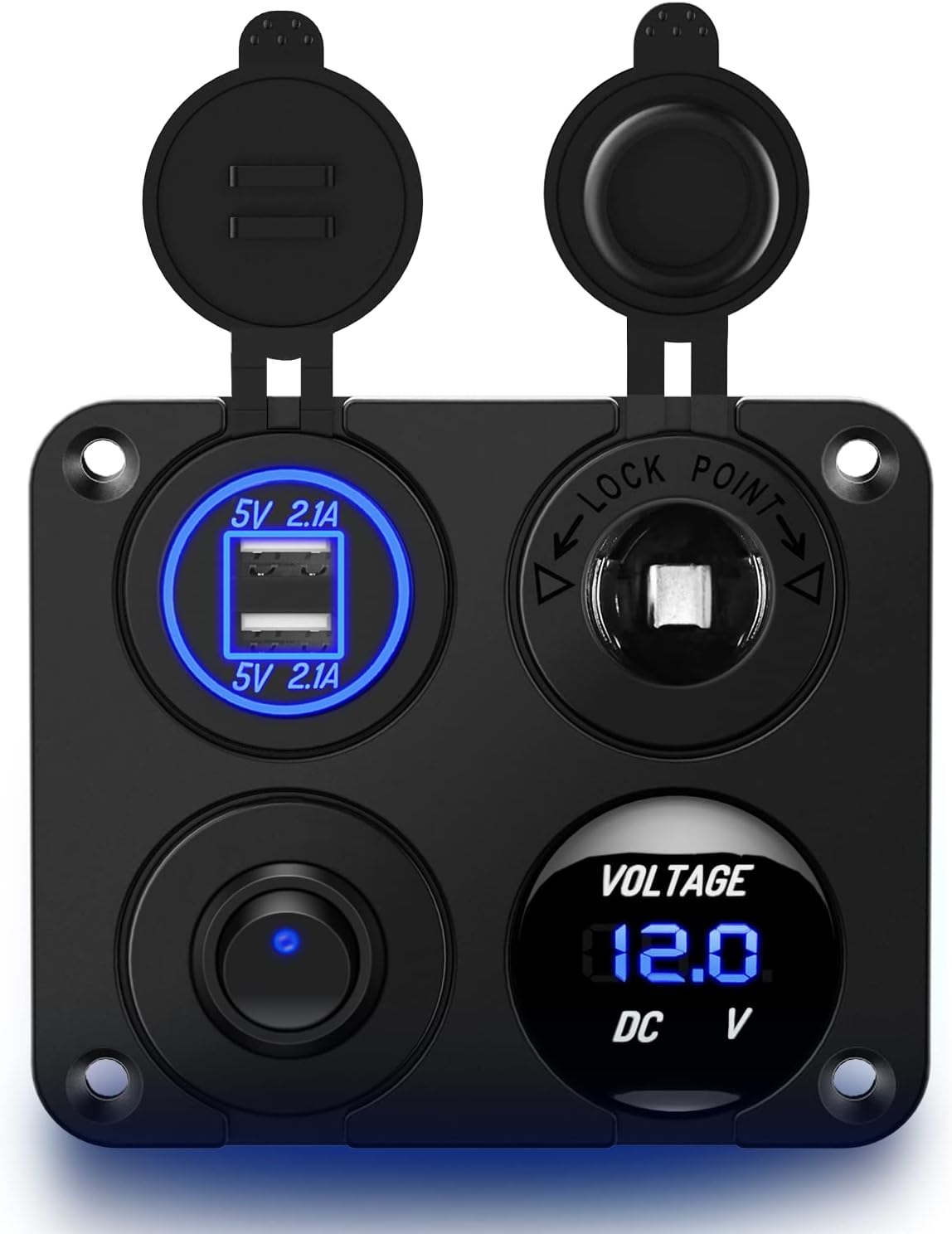 Nilight 4 in 1 ON OFF Charger Socket Panel Dual USB Charger Power Outlet LED Voltmeter Cigarette Lighter Socket LED On Off Rocker Toggle Switch for Truck Car Marine Boats RV, 2 Yeas Warranty