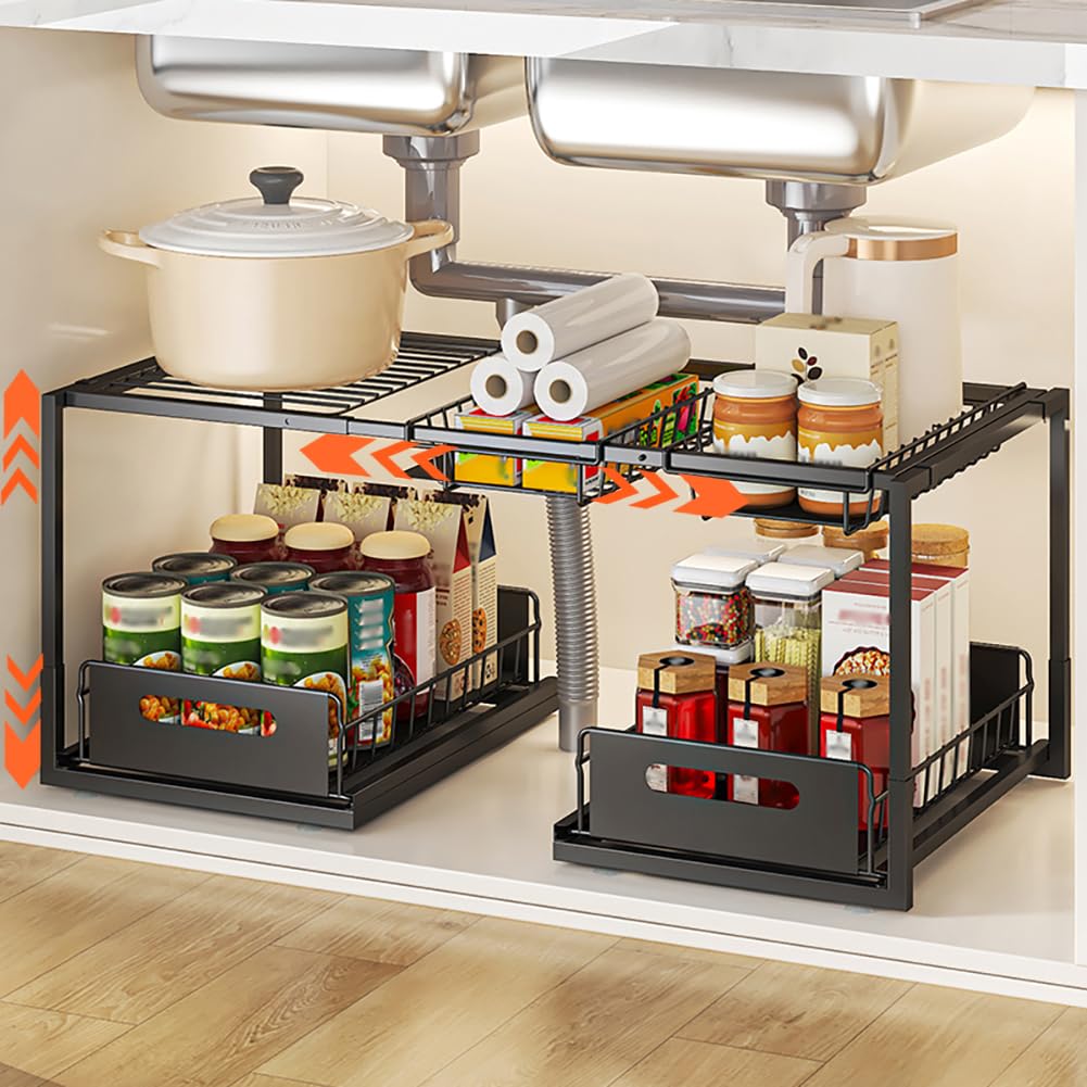 YunNasi Organizer Sottolavello Cucina, Salvaspazio 2 Livelli Cestelli in Acciaio, Cassetto Scaffale Organizzatore Regolabili in Altezza per Cucina Bagno (Nero, B-Stile)