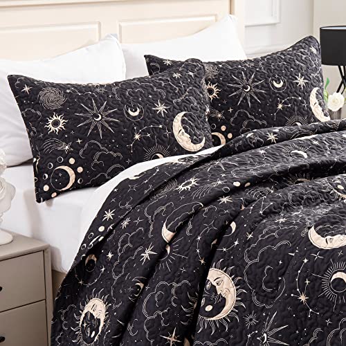 EXQ Home Quilt Set King Size Black Print 3 Piece,Lightweight Soft Coverlet Modern Style Sun Starry Pattern Bedspread Set(1 Quilt,2 Pillow Shams)