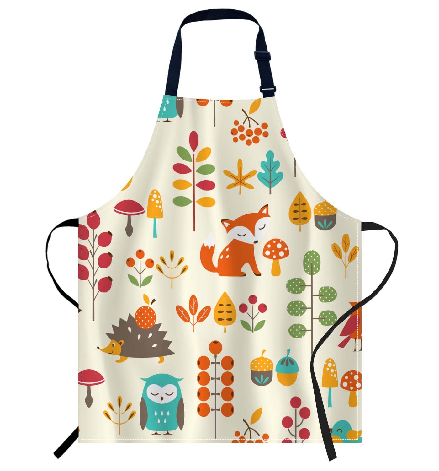 Smooffly Autumn Pattern with Cute Animals Apron Unisex Adjustable Bib Apron Cooking Kitchen Chef Women Men Aprons for Home Kitchen Restaurant,Coffee House,Shop,Garden