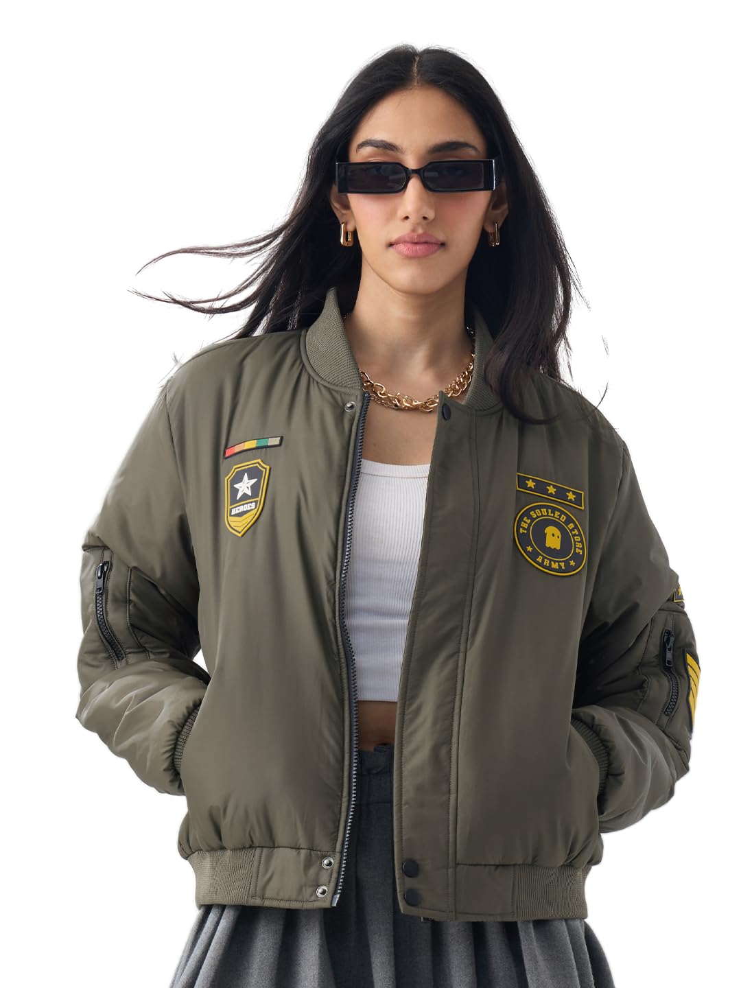 the souled store Squad Jacket Women and Girls Full Sleeves Band Neck Army Green Embellished Polyester Regular Fit Ribbed Cuffs Utility Puffer Jacket-picture-10
