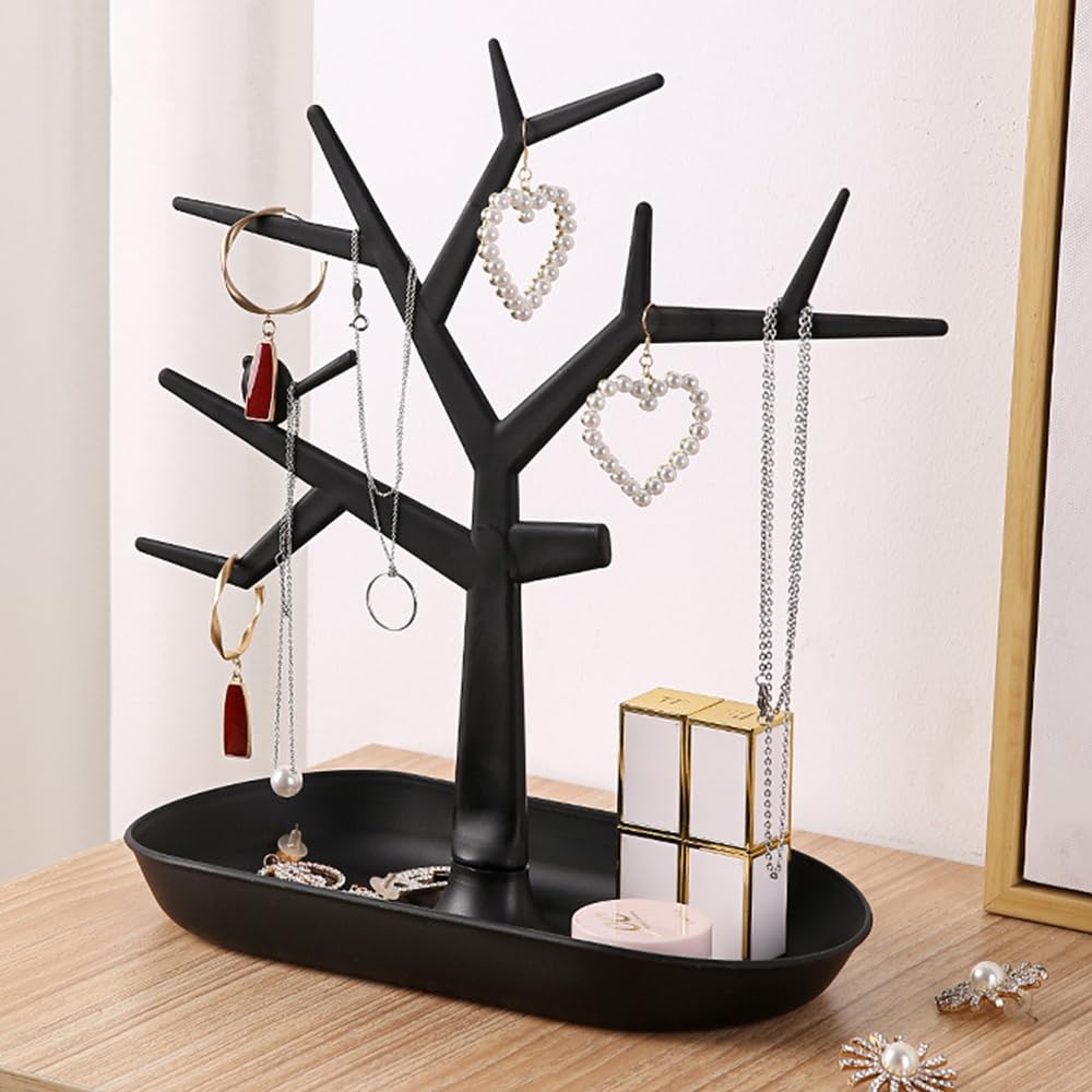 MIUPOO Supporto portachiavi da tavolo con albero, espositore per gioielli, collane, anelli, orecchini, vassoio organizer per gioielli, decorazione per la casa per l'ingresso di casa, nero, 1 pezzo.