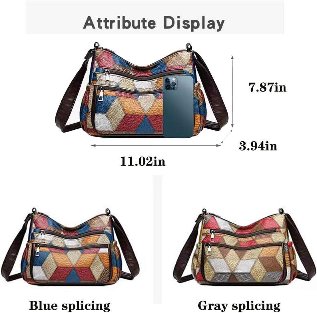 Women's Patchwork Crossbody Bag Soft Fabric Multi-Pocket Shoulder Purse with Adjustable Strap & Metal Hardware