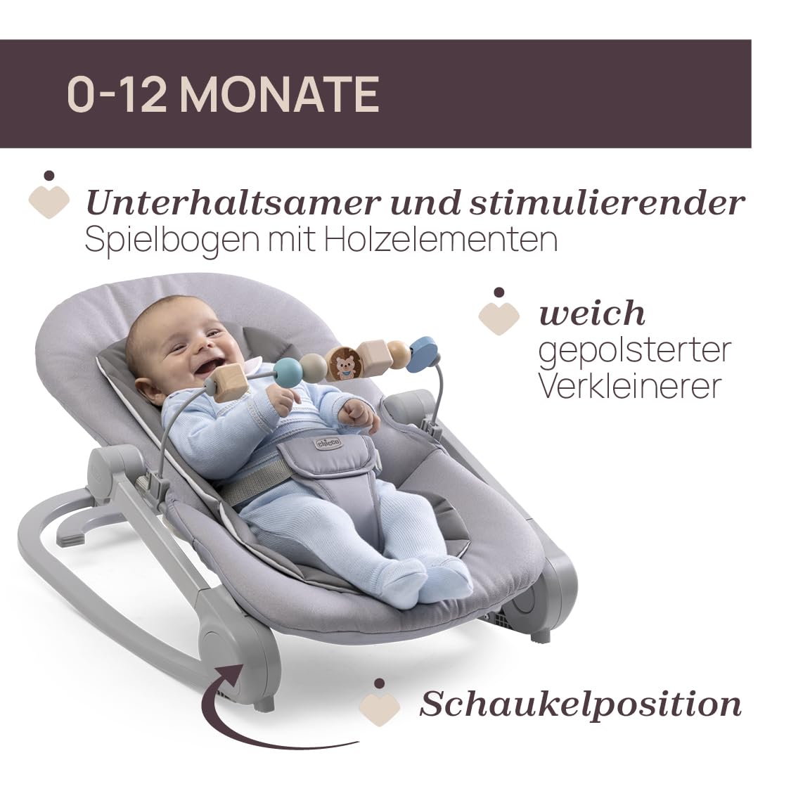 Chicco Wippe Magia 2-in-1: Babywippe und erster Sitz bis 18 kg, Spielbügel mit Holzelementen, Mini-Sitzverkleinerer inklusive, Schaukel- oder feste Position und verstellbare Rückenlehne