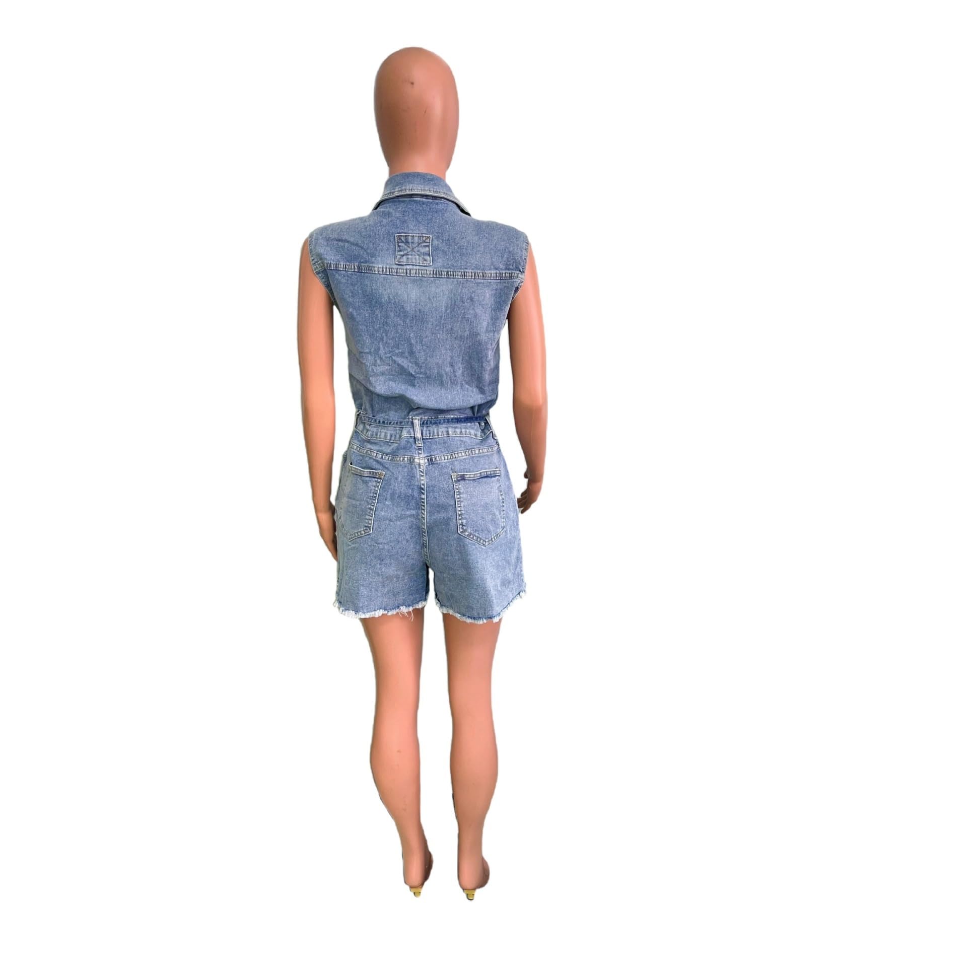 Barboteuse en Denim pour Femmes, Mode Rétro, Revers, sans Manches, Pantalon Court, Poches Latérales, Boutonné sur Le Devant, Combinaisons Chics avec Ceinture