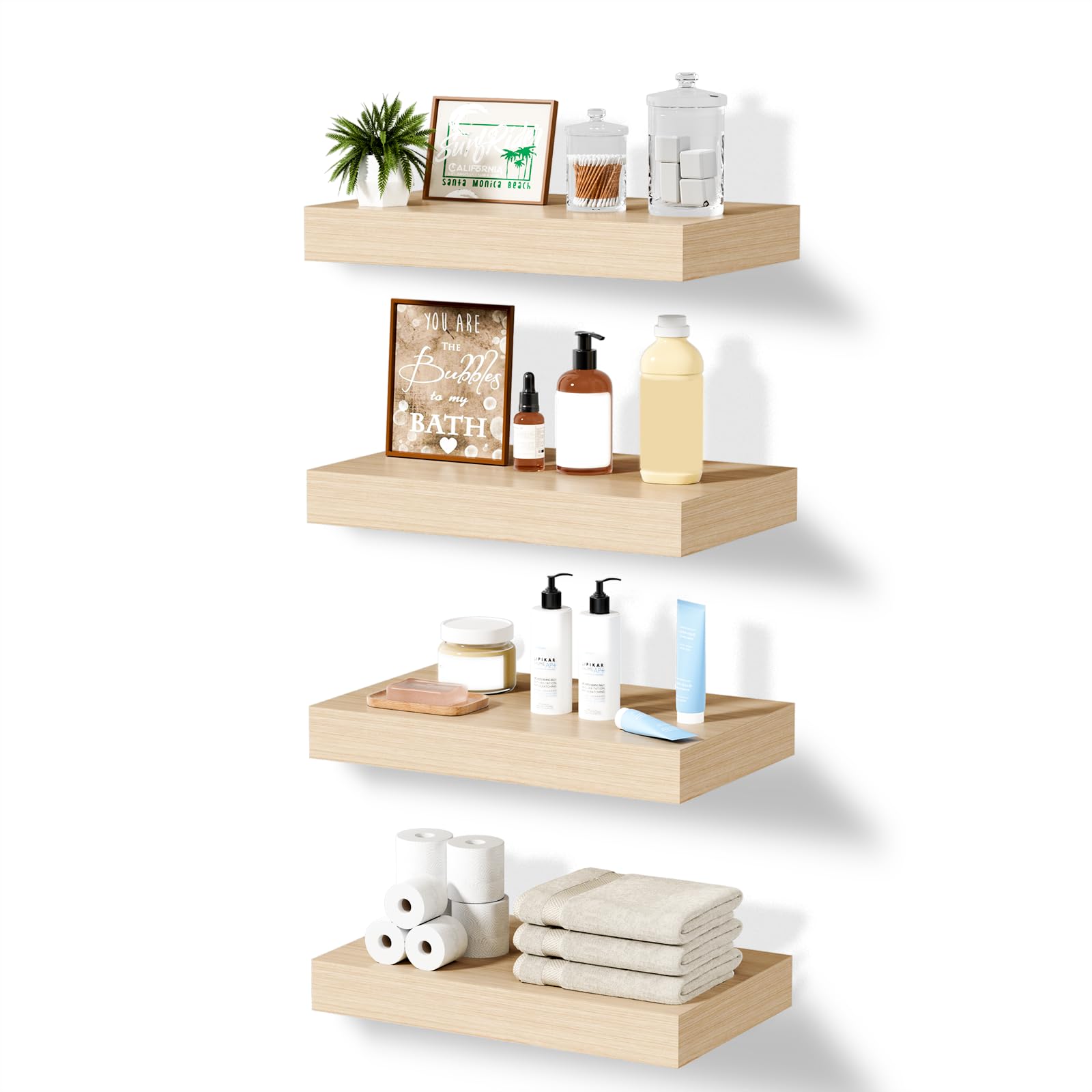 Mifurn Floating Shelves for Wall Bathroom Shelves, Modern Wood Wall Shelves, Book Shelf for Room, Space Saving Hanging Shelves for Wall Mounted Shelves, 12x7x1.5 in(Oak, Set of 4)