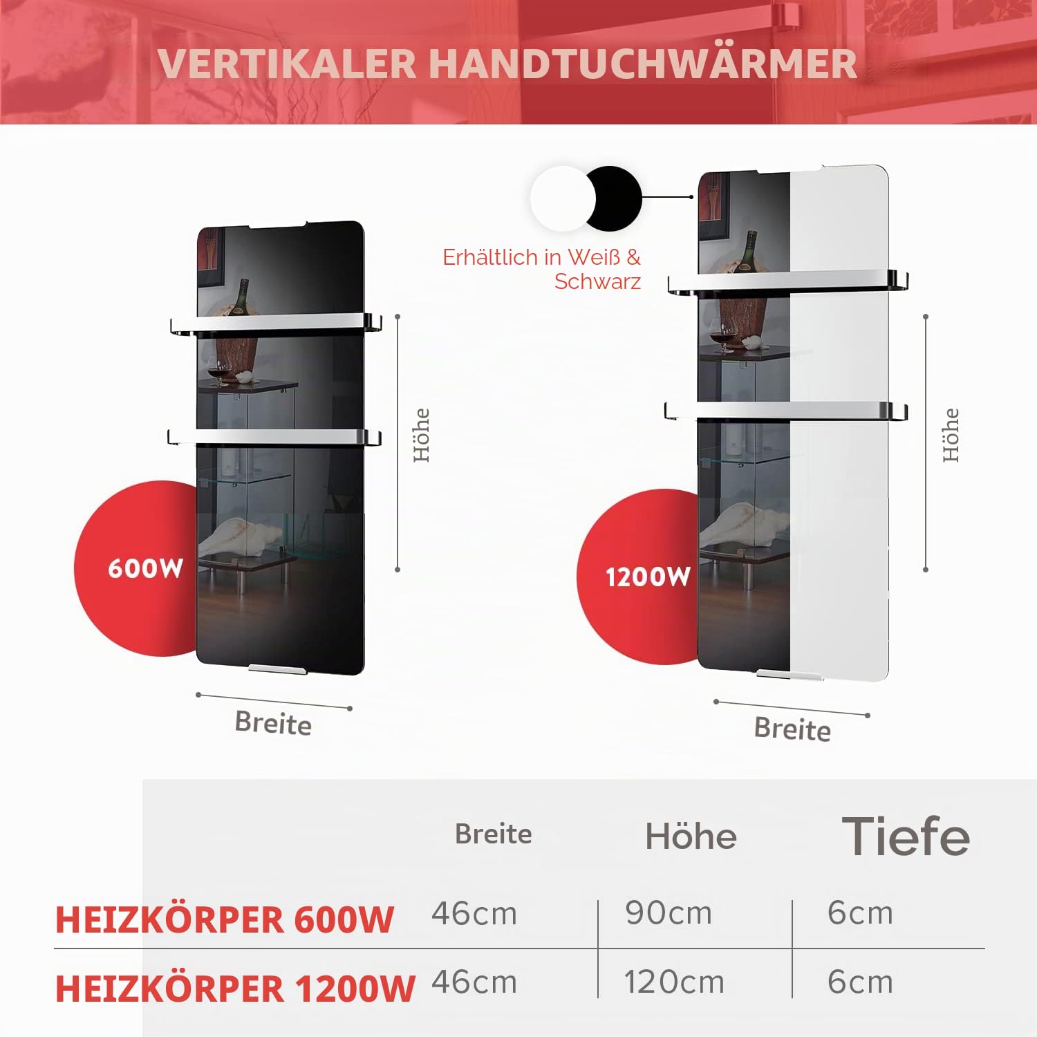 CHEMIN'ARTE Badheizkörper Elektrisch 1200W, Handtuchwärmer Elektrisch, Handtuchtrockner Elektrisch, Handtuchheizkörper Elektrisch Termostat Wärmeabgabe, 120x46cm Schwarz IP24