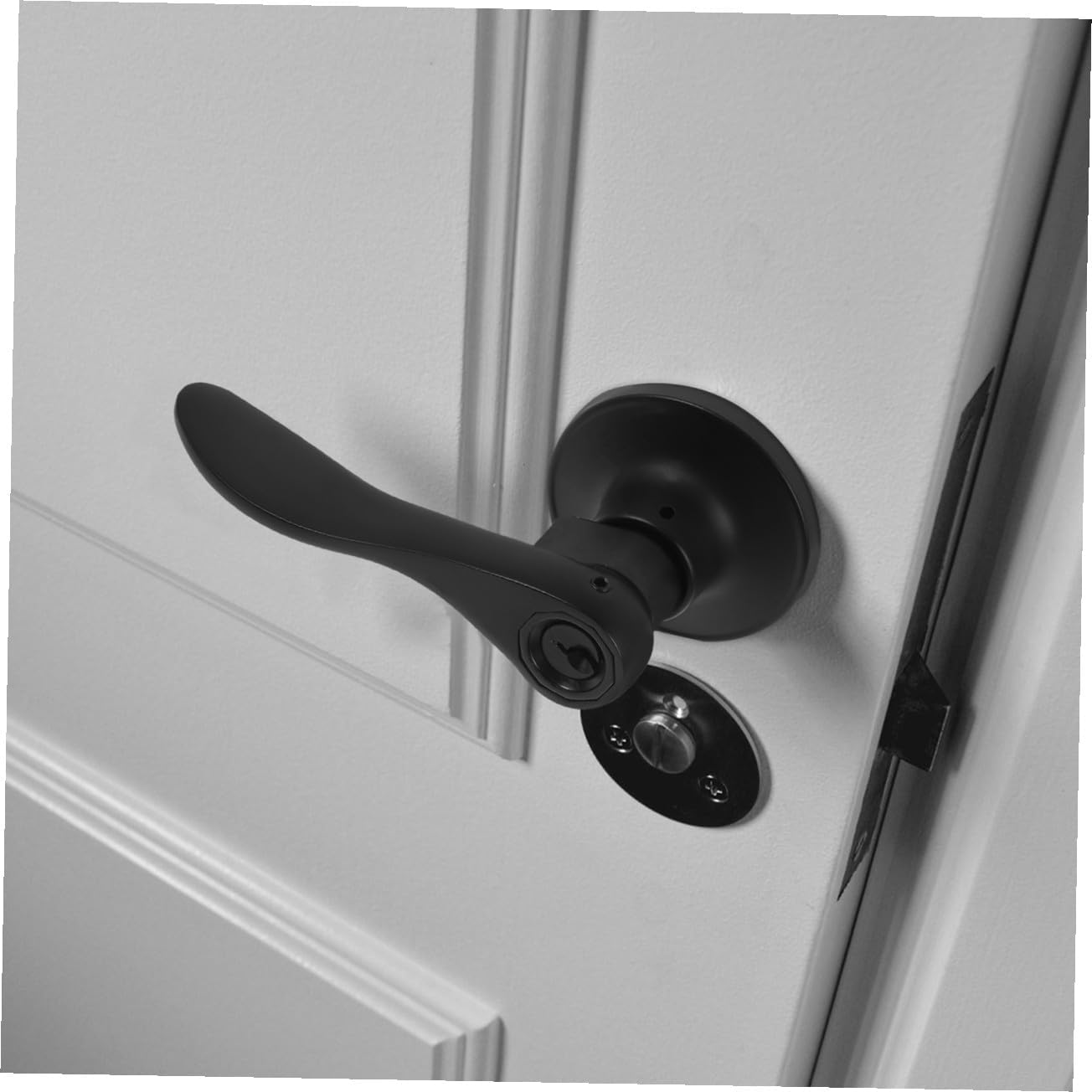 Bedroom Door Lever Handle Lock Privacy Interior Door Handle Round Lock Cylinder Black Finish 1pcs