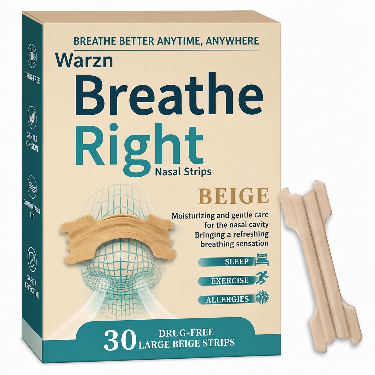 (30 Count) Breathe Right Nasal Strips for Snoring, Extra Strength Beige Nasal Pureflow Breathing Strips to Improve Sleep, Instant Nasal Congestion Relief Caused by Good Breath Colds & Allergies-image-22