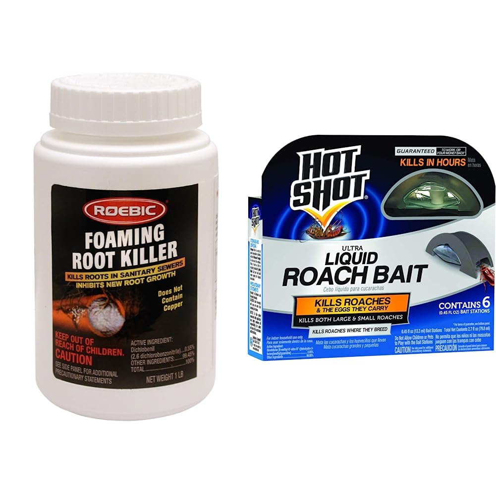 RoebicFRK-1LB Foaming Root Killer, Clears Pipes and Stops New Growth, Safe for All Plumbing, 1 Pound White & Hot Shot Liquid Roach Bait, Roach Killer, 1 Pack, 6-Count