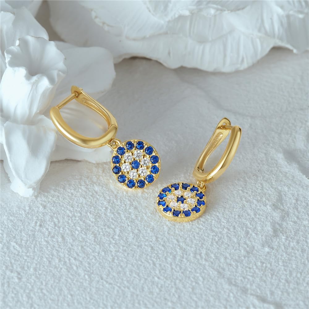 SUYACS Gold Plated Evil Eye Drop Dangle Earrings for Women S925 Sterling Silver Post Lucky Blue CZ Hoop Huggie Earring Dainty Hypoallergenic Earring Religious Ornament Jewelry Chsristmas Gifts