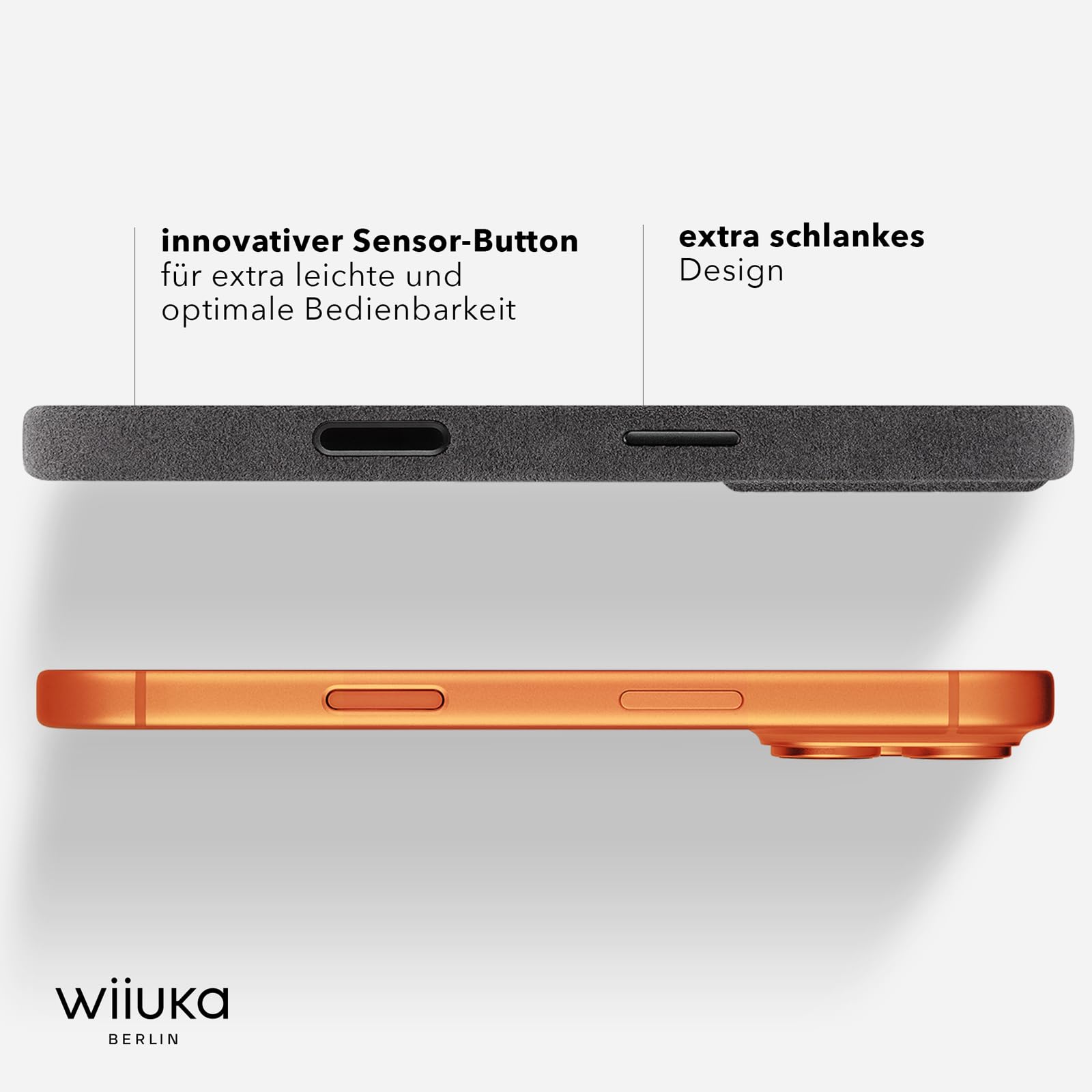 WIIUKA Funda para iPhone 17 Pro Max, original de Alcantara, hecha a mano, protección de 360°, extrafina, de primera calidad, funda para teléfono móvil Qi, alternativa de piel, skiin VL Alcantara