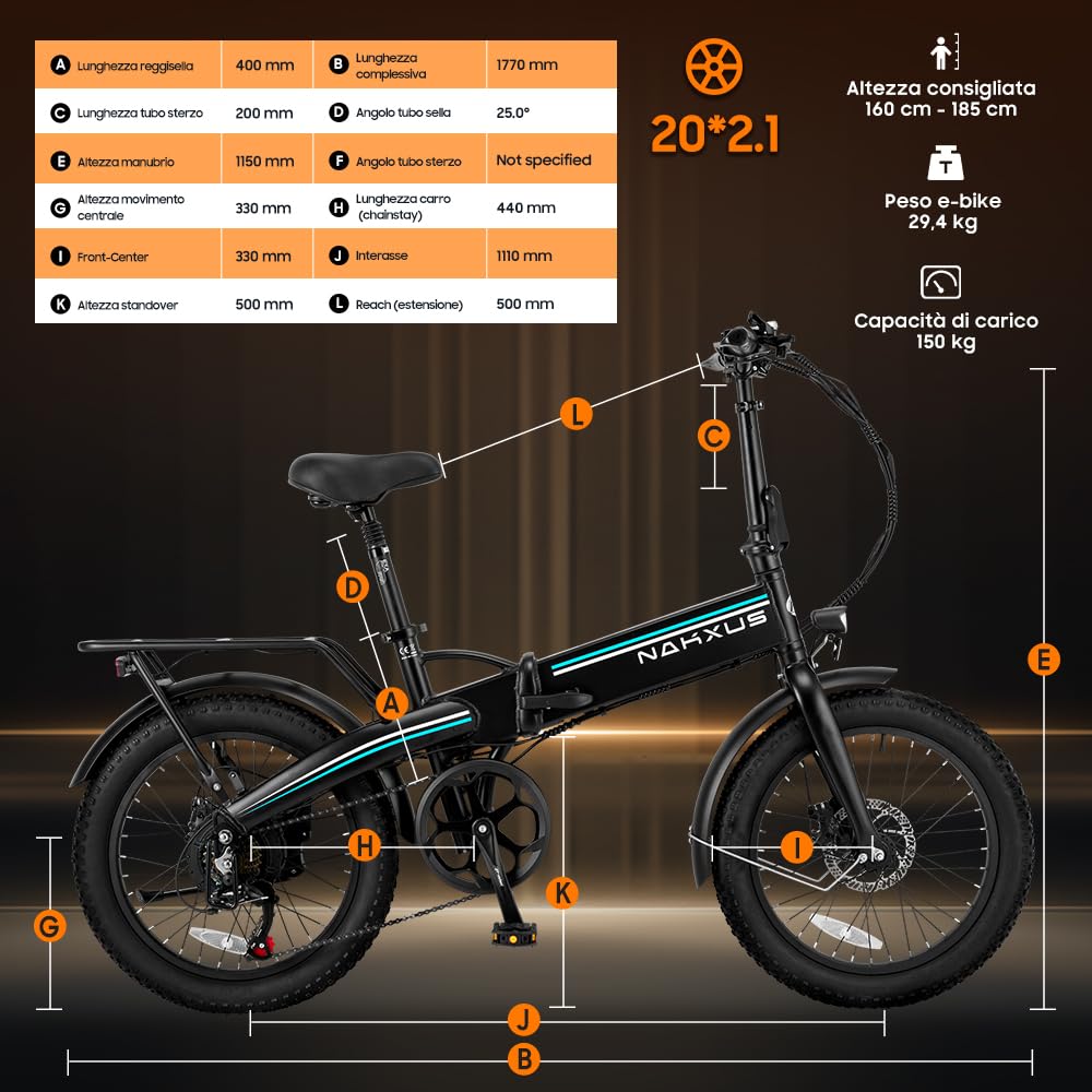 Bicicletta elettrica 20F063 da 20 pollici, batteria da 48 V 11,6 Ah estraibile, motore da 250 W, display LCD, 7 marce, portata 55-80 km, 25 km/h, IPX5 impermeabile per adulti