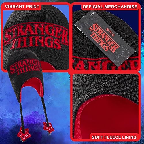 Stranger Things Beanie Hat with Ear Flaps for Kids and Teenagers - One Size Children's Winter Hats - Gifts for Kids Black/Red4