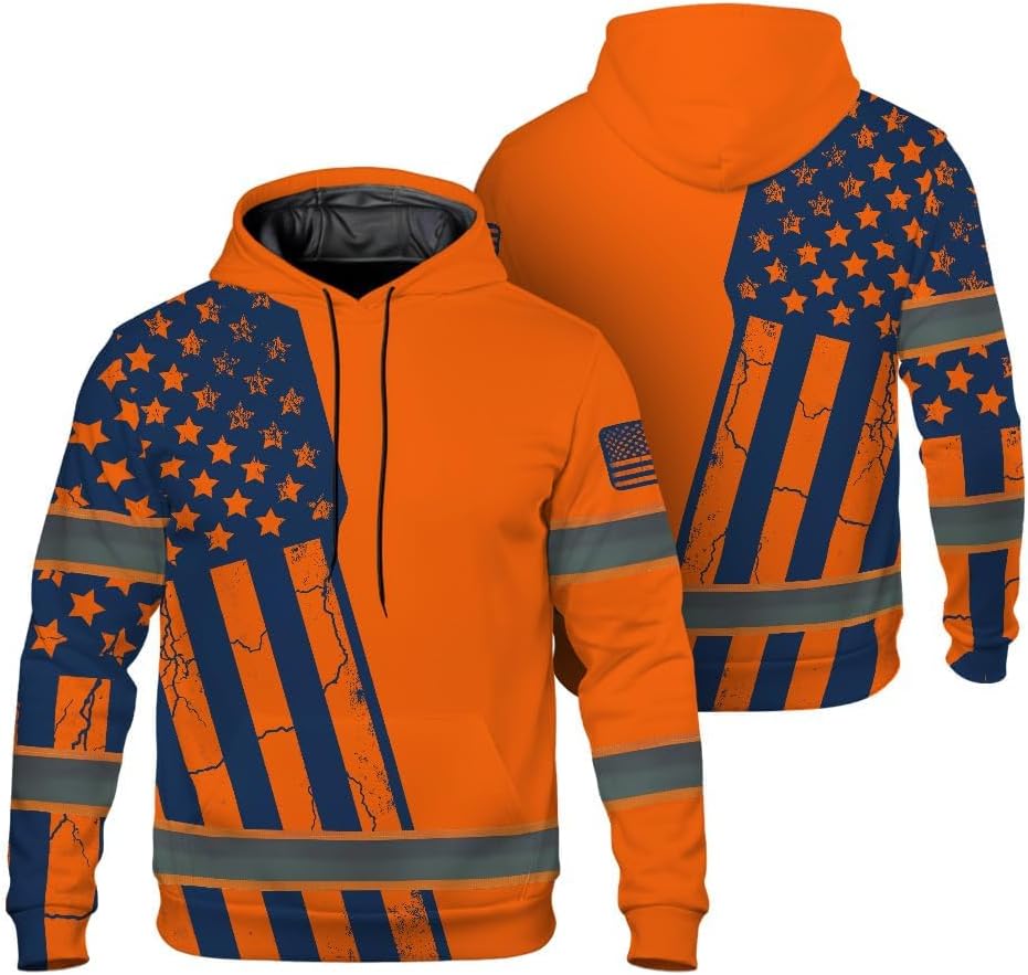 High Visibility Hoodie for Men, Class 3 Long Sleeve Reflective Safety Hoodie for Trucker, Worker, Runner