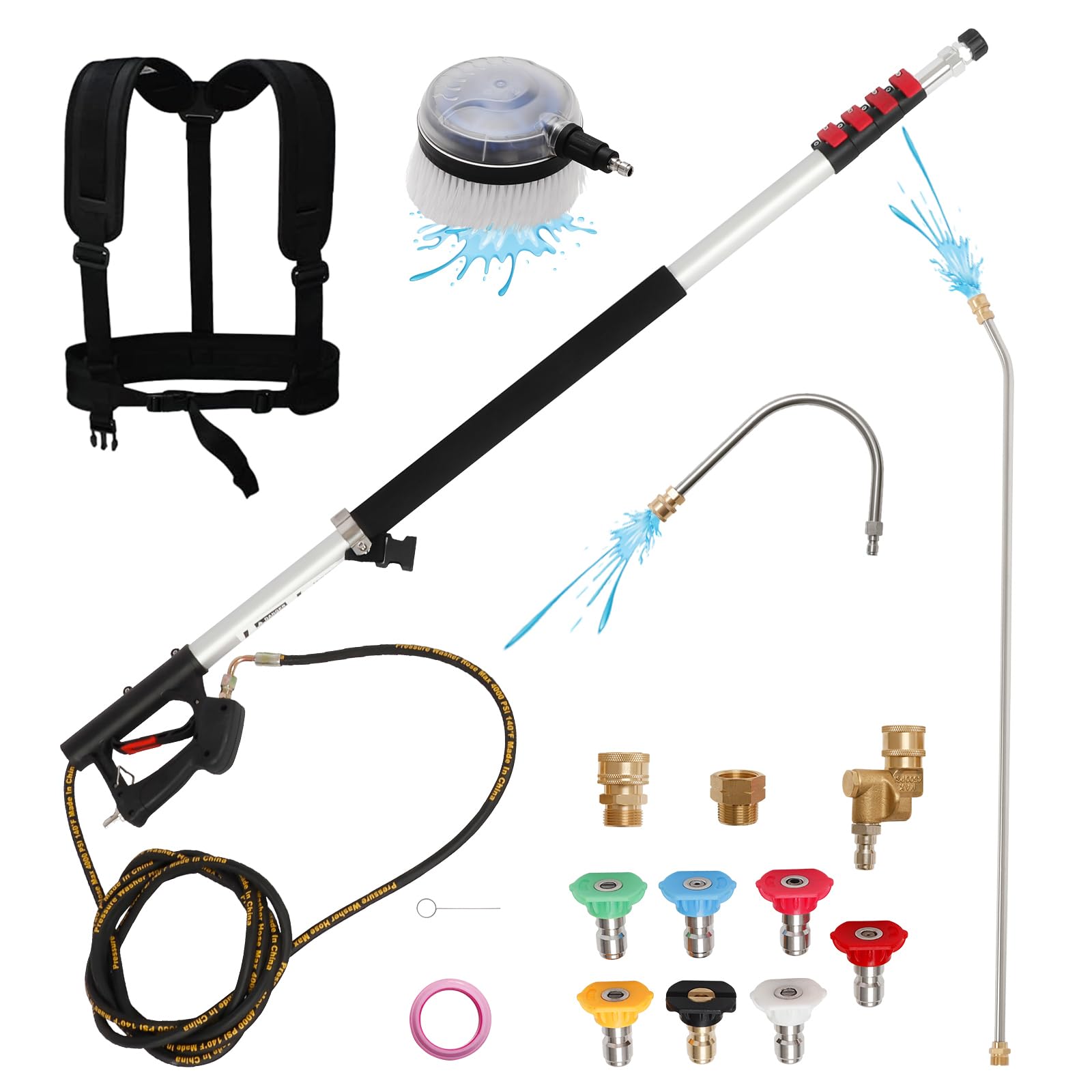 24FT Pressure Washer Telescoping Wand with Brush Head, Extension Wands, Gutter Cleaner, 7 Spray Nozzle Tips, Pivoting Coupler, 2 Adapters, Support Harness and Waterproof Tape