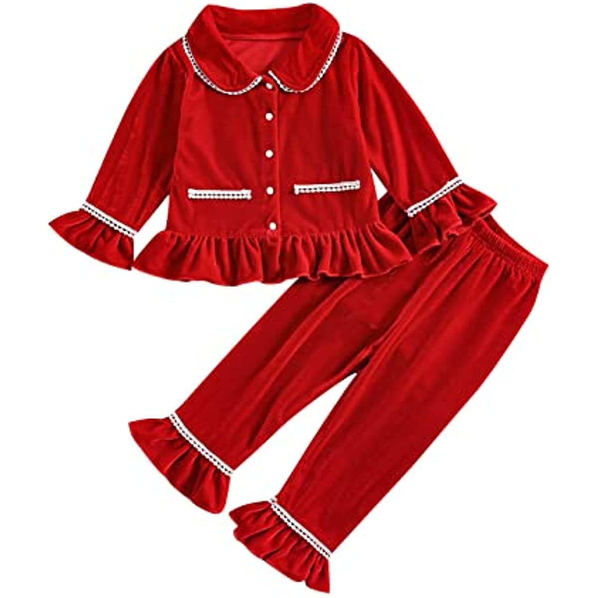 MoccyBabeLeeChristmas Baby Girls Pyjama Sets Xmas Long Sleeve Velvet Button Shirt Top and Pants Sleepwear 2pc Pjs Sleepers