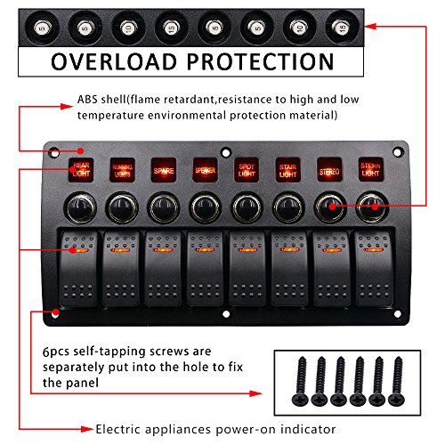 WUPP Boat Rocker Switch Panel Waterproof 8 Gang 3PIN & Circuit Breaker Overload Protection LED Switch Panel DC12/24V ON-Off Aluminium Switches for Marine RV Car Truck Trailer, Christmas Gift Idea - Thumbnail 5