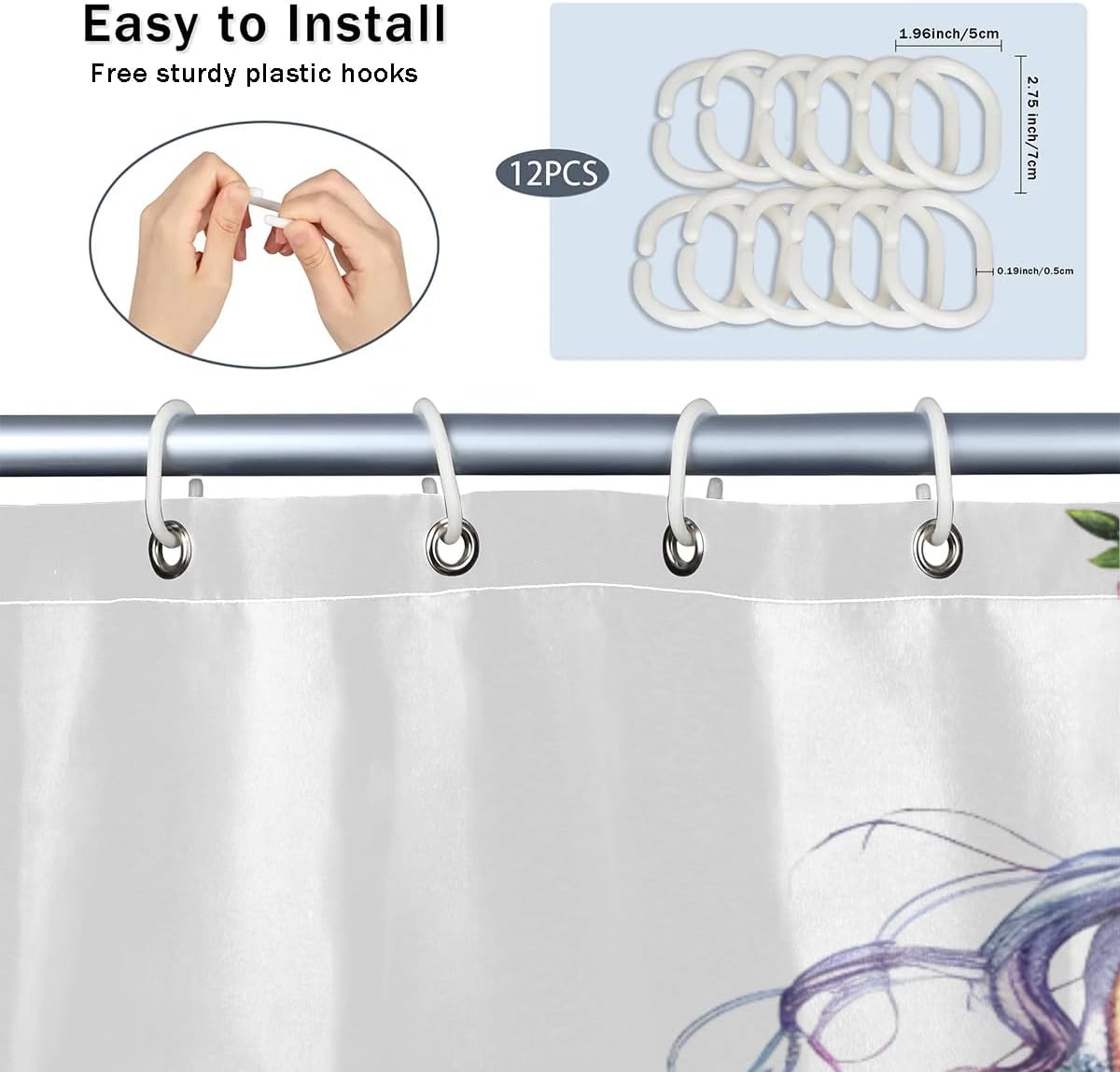 Beautiful Mermaid Bath Shower Curtain Waterproof Shower Curtains 48 x 72 Washable with 12 Shower Curtain Hooks