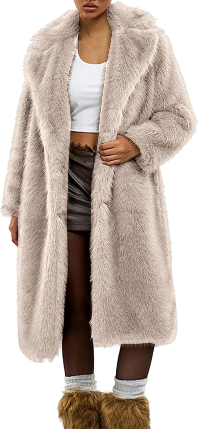 Faux Fur Trench Coat Womens Button Fake Fur Winter Shaggy Jackets Long Sleeve Lapel Full Long Pea Coats with Pocket