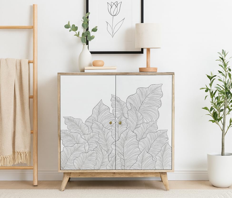 Image of Solid Wood Ranthambore Sideboard Cabinet | Solid Wood Sideboard | Sideboard Cabinet for Living Room | Finish - Natural and White