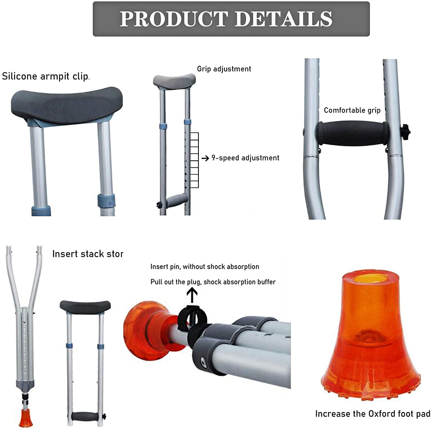 Muletas para adultos Muletas para las axilas Soporte de aluminio para lesiones con poste ajustable para hombres, mujeres y adolescentes: liviano y duradero con agarraderas y clip de silicona