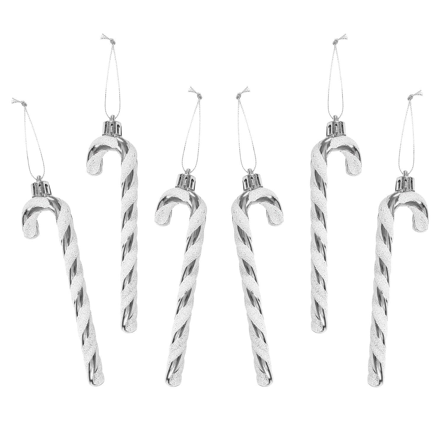 Rumyve Christmas Glittering Candy Cane Ornaments - 6Pcs Plastic Candy Canes for Christmas Tree Decoration Xmas New Year Party Supplies(Silver)