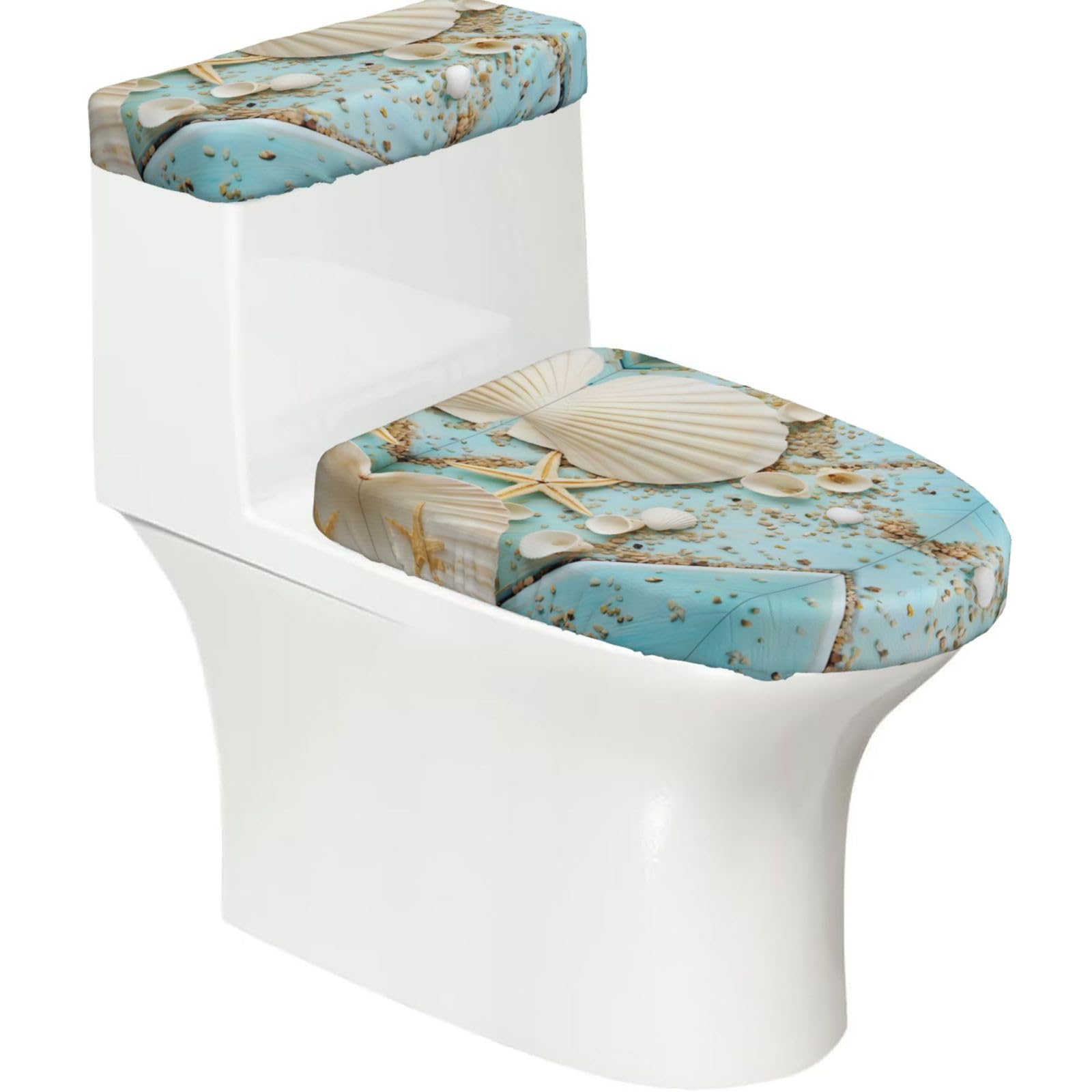 Wzycwb Black Ocean Sea Beach Seashells Starfish Blue 2-Piece Toilet Seat Cover Set With Tank Lid, Elastic Fit For U-Shape & Elongated Toilets, Bathroom Decor, Housewarming Gift