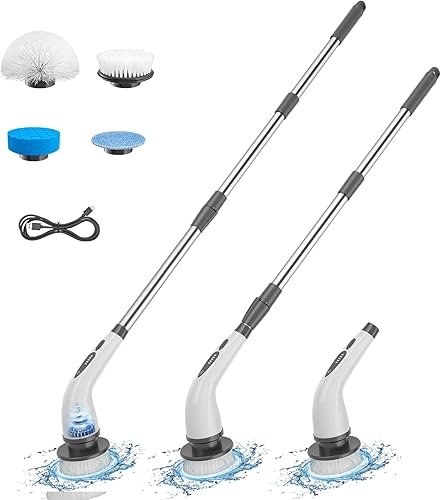 Limpiador eléctrico giratorio, cepillo limpiador de ducha inalámbrico con extensión ajustable, 4 cabezales de limpieza reemplazables, limpiador de