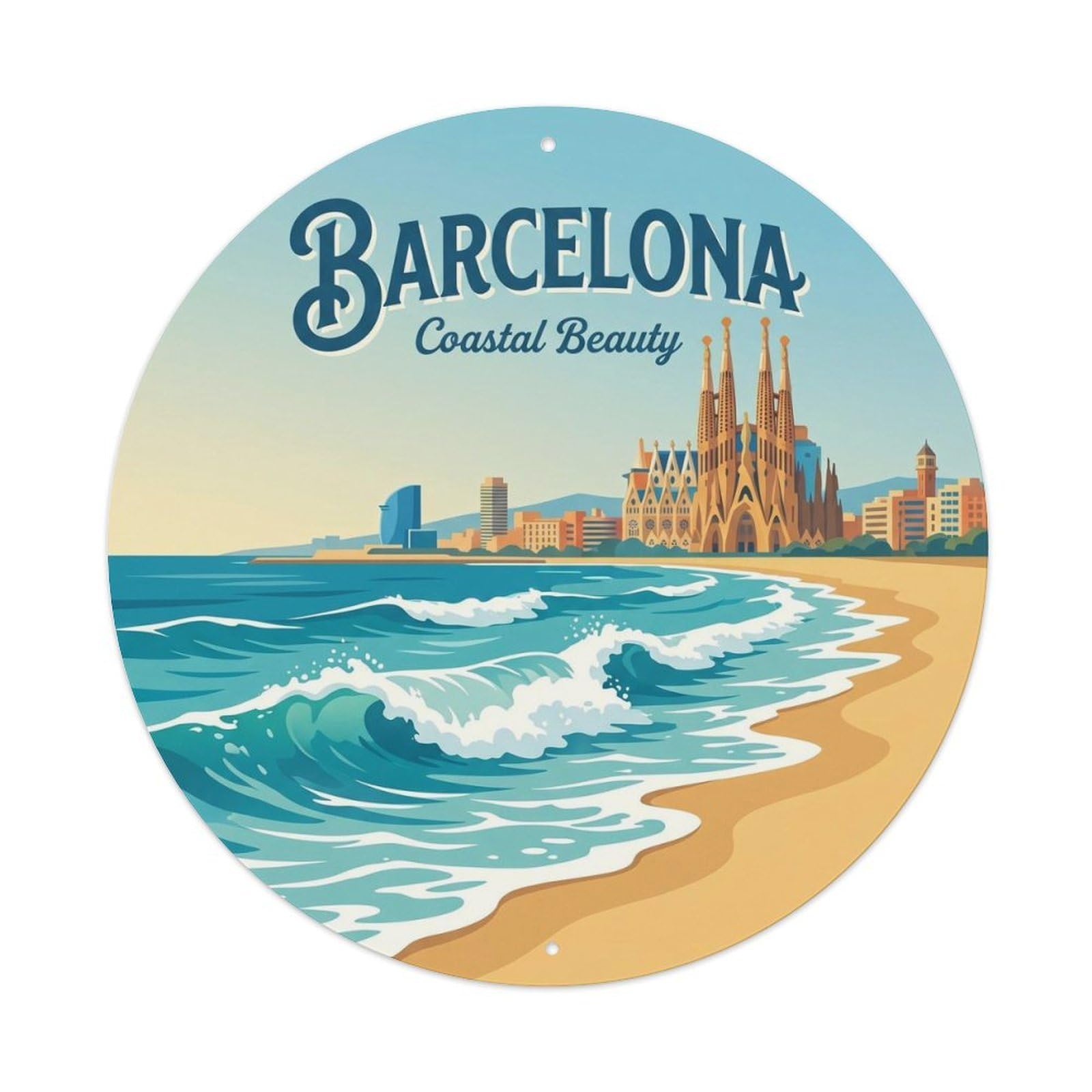 Barcelona Mediterranean Waves Beach Vintage Coastal Travel Metal Tin Sign Plaque Wall Decor for Cafe, Man Cave, Club Bar, Office, Home Garden Round Metal Poster 8x8Inch