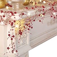 Collections Etc 10ft Lighted Berry Beaded Christmas Garland - Battery Operated Red Acrylic Berries & White Lights, Festive Indoor Holiday Decor