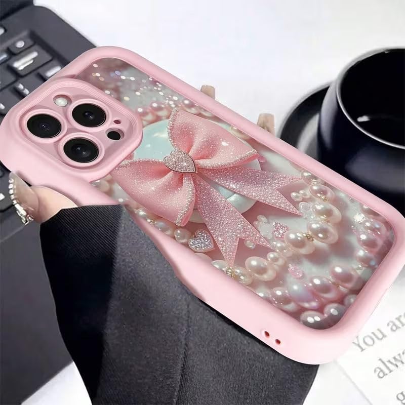 Image of COVERLY Cute Necklace Bowknot Back Case Cover for iPhone 12 Pro | Hot Pastel Pink Ribbon Bow Pearl Design | Camera Lens Protection | Soft Silicone Aesthetic Cover for Girls & Women (Pink, Shockproof)