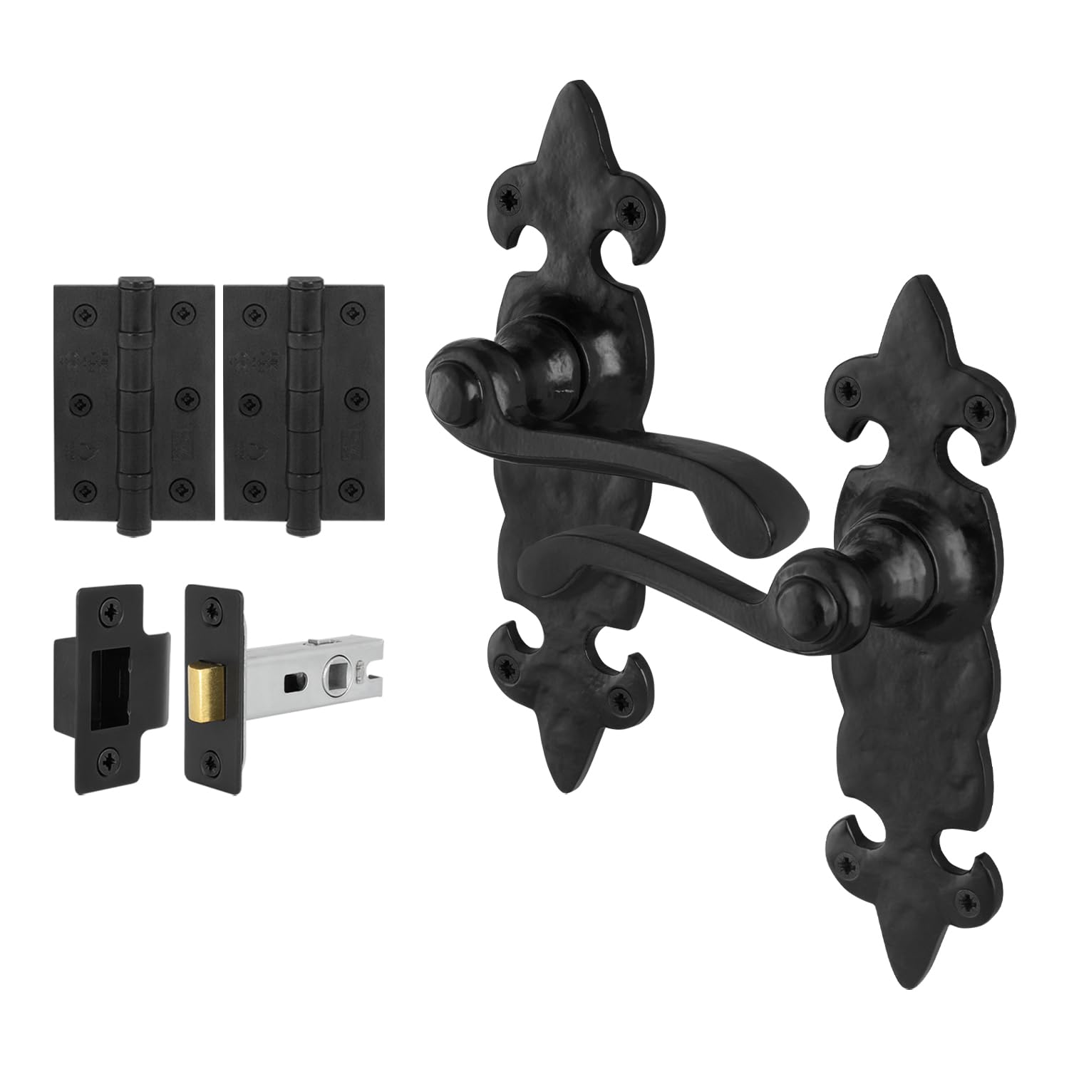 EAI Fleur De LYS Black Antique Door Handles Latch Pack, 1 Pair of Cast Iron Internal Door Handles, Latch 64mm and Hinges