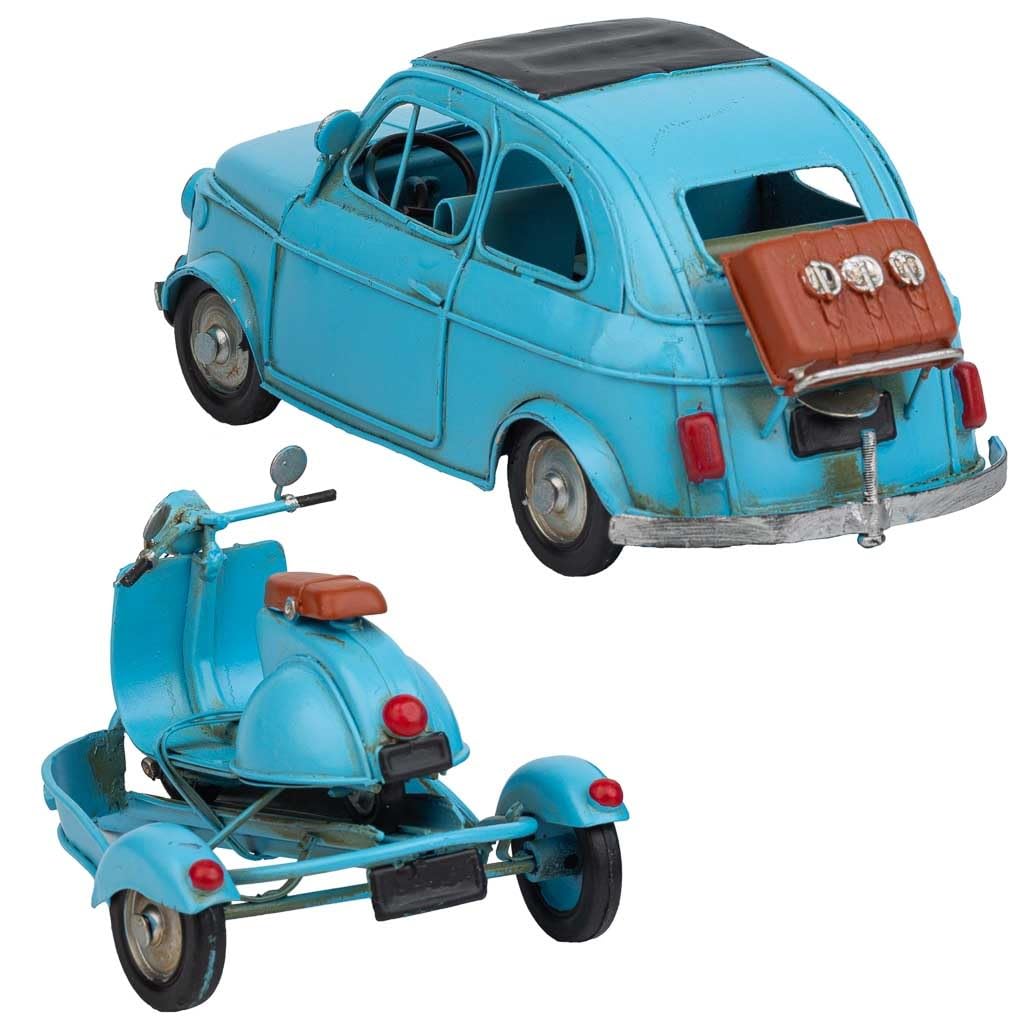 WANDERLUST DECO Coche de remolque con Moto de Metal Azul 34x10x10.5