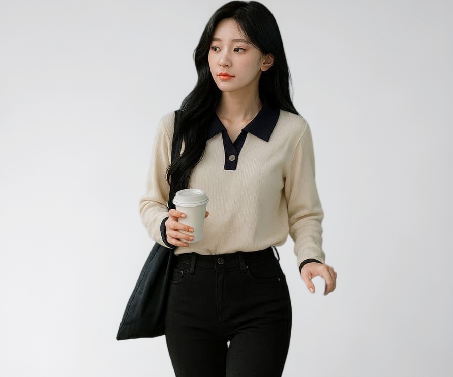 Generic Women's Ribbed Knit Polo Sweater - Image 1