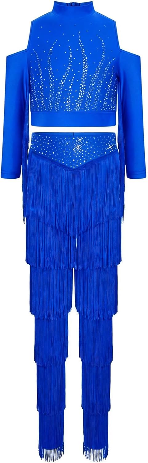Freebily Kids Girls Latin Dance Outfit Tassel Crop Top Fringe Practice Pants Set Tango Jazz Ballroom Dancewear Royal Blue 10 Years