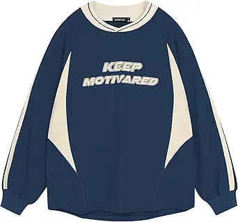 Vamtac Letter Graphic Crewneck Sweatshirts for Men Vintage Color Blocking Long Sleeve Casual Pullover Top