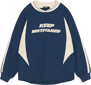 Vamtac Letter Graphic Crewneck Sweatshirts for Men Vintage Color Blocking Long Sleeve Casual Pullover Top