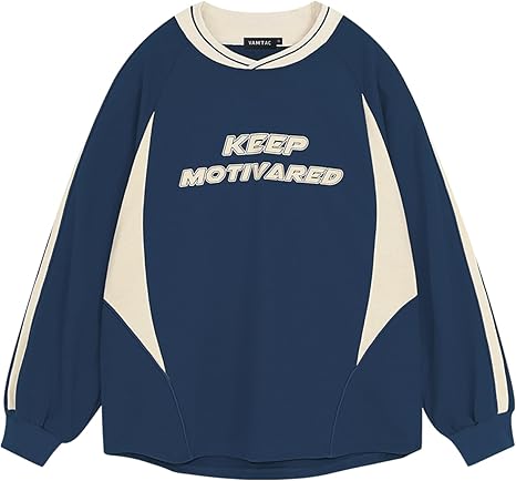 Vamtac Letter Graphic Crewneck Sweatshirts for Men Vintage Color Blocking Long Sleeve Casual Pullover Top