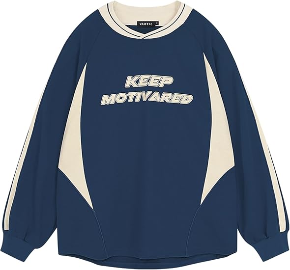 Vamtac Letter Graphic Crewneck Sweatshirts for Men Vintage Color Blocking Long Sleeve Casual Pullover Top