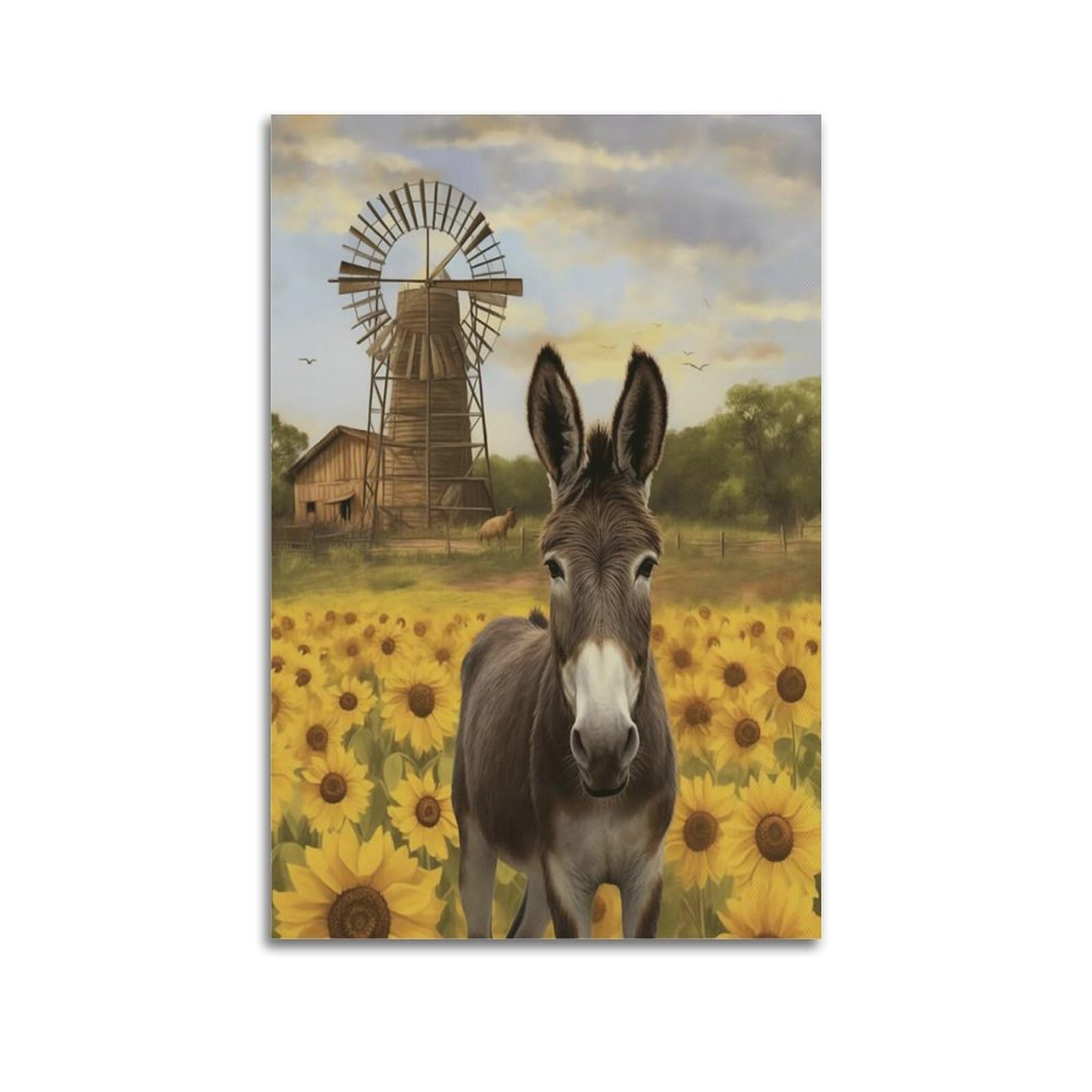 Lvalogy Animal Donkey With Windmill Sunflower Art Poster