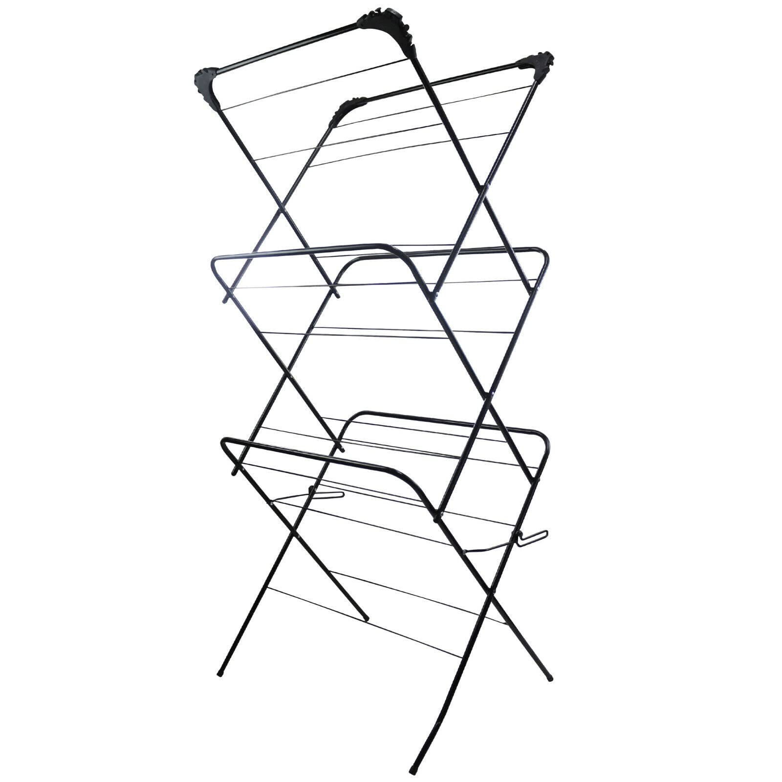 Three-Tier Folding Laundry Washing Drying Clothes Rack Horse Airer Black Indoor Outdoor