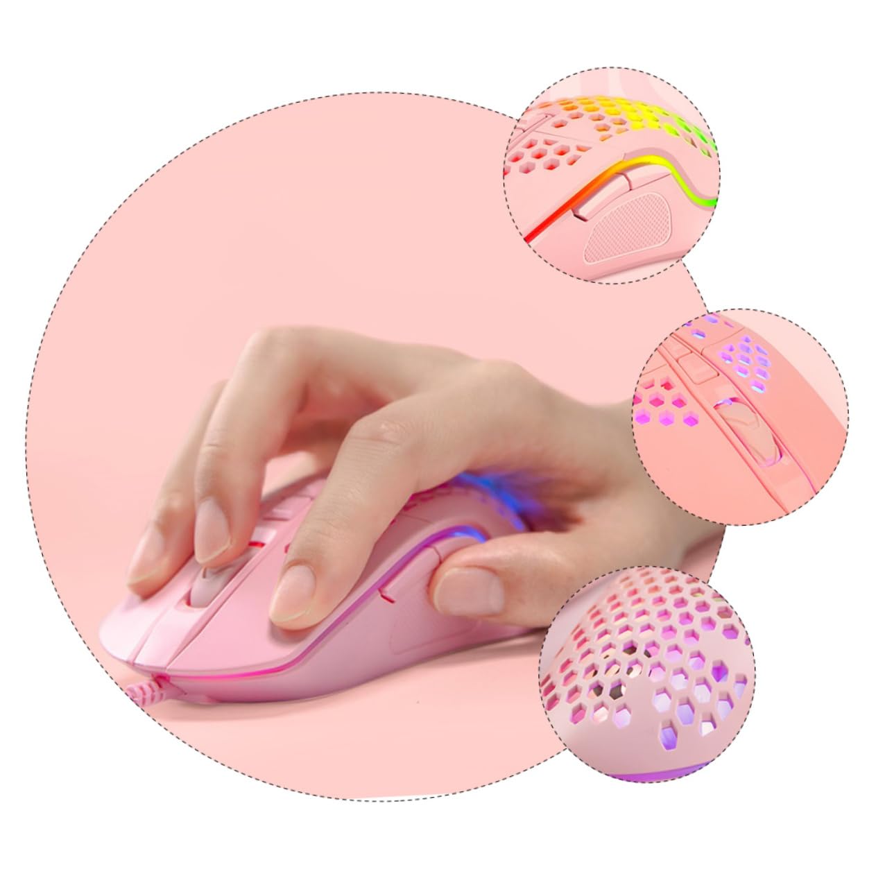3 pezzi mouse da gioco cavo tablet for bambini retroilluminazione meccanica laptop cool gaming lap desk mouse cablato retroilluminazione a nido d'ape V9 rosa plastica mouse meccanico computer / 309
