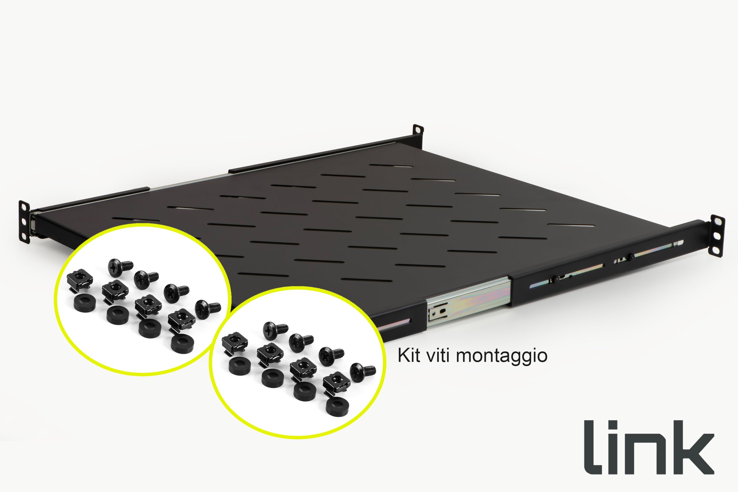 LINK LKRIP550EN - Mensola estraibile per armadio rack universale (1U, 550 mm, nero grigio RAL9005) – Acciaio traforato per ventilazione – Distanza montanti regolabile e viti incluse