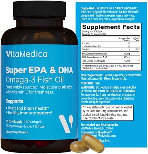 Aceite de pescado súper EPA/DHA de alta potencia, 750 mg de ácidos grasos esenciales Omega-3 | EPA y DHA | Salud del corazón, salud del cerebro,