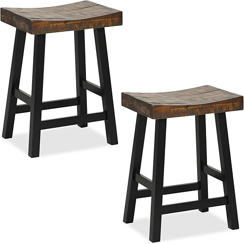 Giantex Bar Stools Set of 2, 24" Counter Height Saddle Stools, Bar Dining Chairs with Rubber Wood Frame & Footrest, Backless Barstools for Kitchen Island, Dining Room, Pub, Rustic Brown