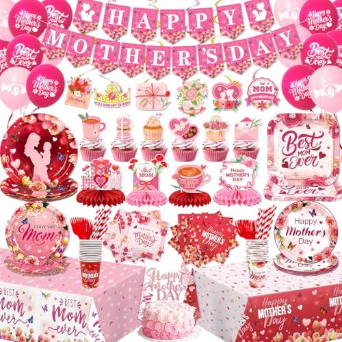Happy Mother's Day Decorations Mothers Day Tableware Set Included Best Mom Ever Plates Napkins Happy Mother's Day Tablecloths Banner Cake Toppers Hanging Swirls and Honeycomb Centerpiece Serve 26